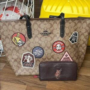 Coach Brown Tote Bag with Star Wars Patches + Wallet
